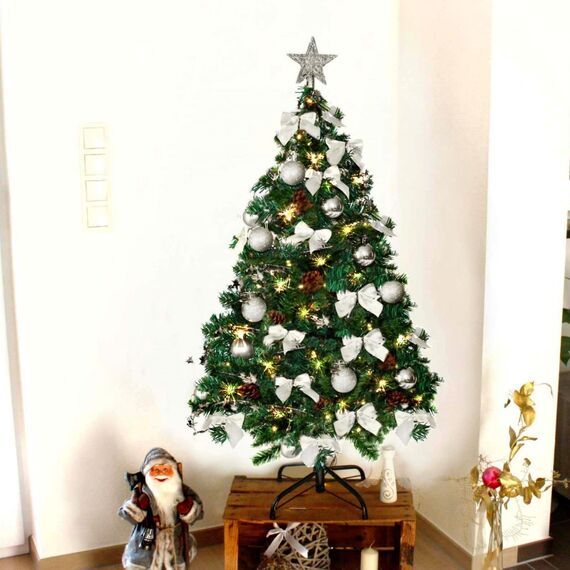 Weihnachtsbaum künstlich (WBD) 120 cm grün mit Weihnachtsdeko Silber und Led Lichterkette mit Batteriebox und Fernbedienung künstlicher Christbaum klein Tannenbaum