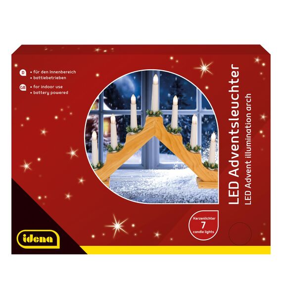 Idena 8582092 - LED Adventsleuchter mit 7 LED Kerzenlichtern in Warmweiß, Schwibbogen aus naturfarbenem Holz, batteriebetrieben, Deko für Innen, als Winter-, Advents- und Weihnachtsdeko