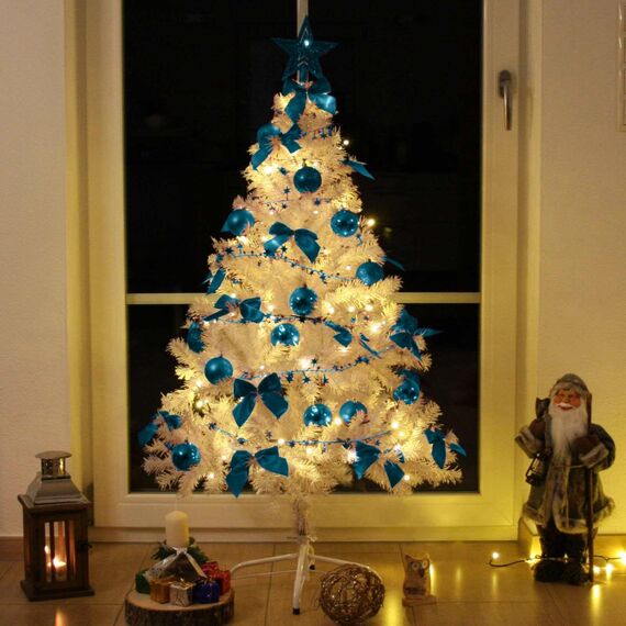 Weihnachtsbaum künstlich (WBD) 120 cm Weiss mit Weihnachtsdeko türkis und Led Lichterkette mit Batteriebox und Fernbedienung künstlicher Christbaum klein Tannenbaum