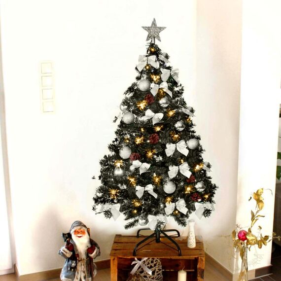 Weihnachtsbaum künstlich (WBD) 120 cm schwarz mit Weihnachtsdeko Silber und Led Lichterkette mit Batteriebox und Fernbedienung künstlicher Christbaum klein Tannenbaum