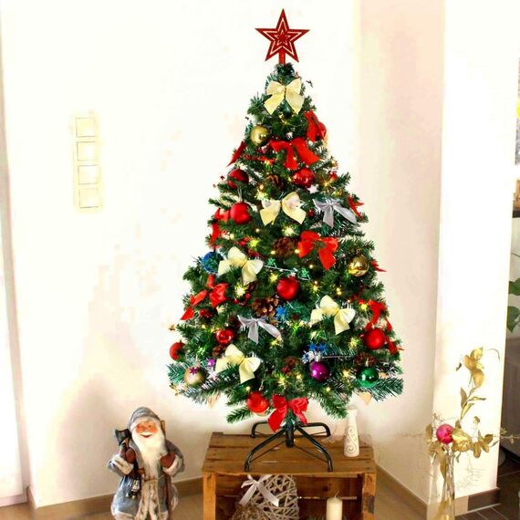 Weihnachtsbaum künstlich (WBD) 120 cm grün mit Weihnachtsdeko bunt und Led Lichterkette mit Batteriebox und Fernbedienung künstlicher Christbaum klein Tannenbaum