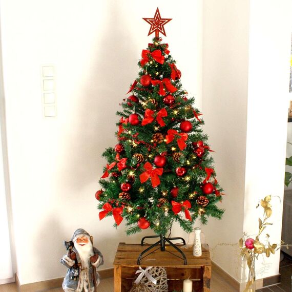 Weihnachtsbaum künstlich (WBD) 150 cm grün mit Weihnachtsdeko rot und Led Lichterkette mit Batteriebox und Fernbedienung künstlicher Christbaum klein Tannenbaum