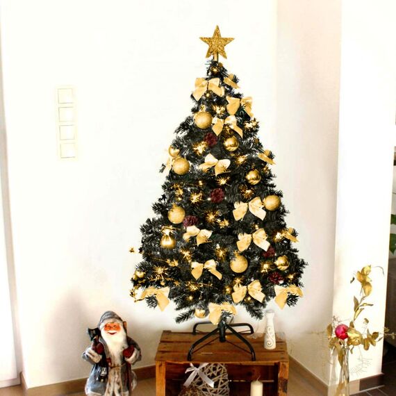 Weihnachtsbaum künstlich (WBD) 150 cm schwarz mit Weihnachtsdeko Gold und Led Lichterkette mit Batteriebox und Fernbedienung künstlicher Christbaum klein Tannenbaum