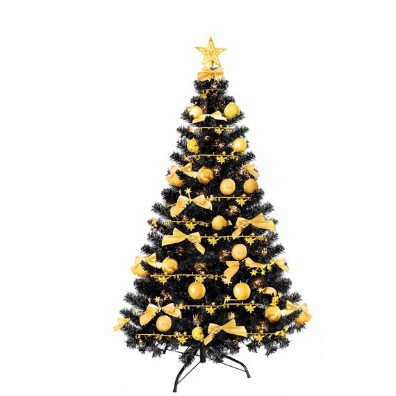 Weihnachtsbaum künstlich (WBD) 120 cm schwarz mit Weihnachtsdeko Gold und Led Lichterkette mit Batteriebox und Fernbedienung künstlicher Christbaum klein Tannenbaum