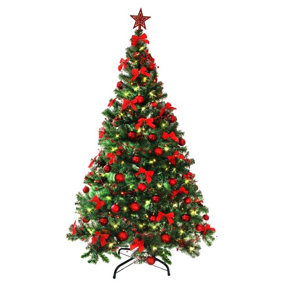 Weihnachtsbaum künstlich (WBD) 240 cm grün mit Weihnachtsdeko rot und Led Lichterkette mit Batteriebox und Fernbedienung künstlicher Christbaum klein Tannenbaum