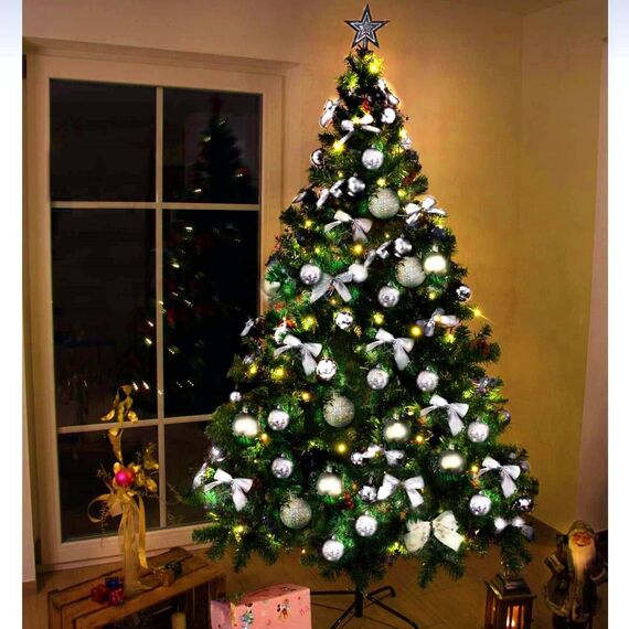Weihnachtsbaum künstlich (WBD) 210 cm grün mit Weihnachtsdeko Silber und Led Lichterkette mit Batteriebox und Fernbedienung künstlicher Christbaum klein Tannenbaum