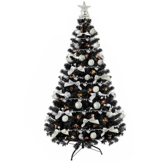 Weihnachtsbaum künstlich (WBD) 150 cm schwarz mit Weihnachtsdeko Silber und Led Lichterkette mit Batteriebox und Fernbedienung künstlicher Christbaum klein Tannenbaum