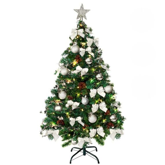 Weihnachtsbaum künstlich (WBD) 150 cm grün mit Weihnachtsdeko Silber und Led Lichterkette mit Batteriebox und Fernbedienung künstlicher Christbaum klein Tannenbaum