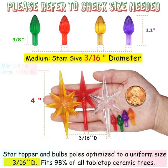 KonohaELF Ceramic Christmas Tree Replacement Lights/Bulbs, Ceramic Tree Medium Multicolor Twist Light Ornaments(117 Bulbs+5 Topper Star)
