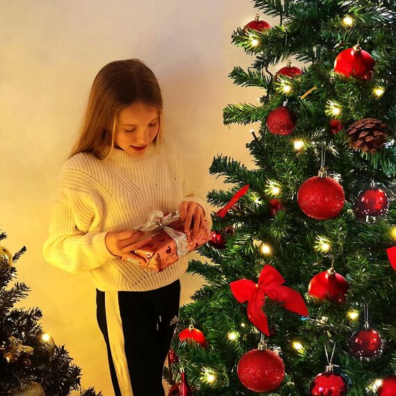 Weihnachtsbaum künstlich (WBD) 120 cm grün mit Weihnachtsdeko rot und Led Lichterkette mit Batteriebox und Fernbedienung künstlicher Christbaum klein Tannenbaum