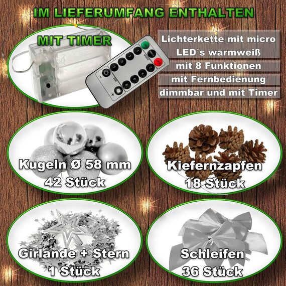 Weihnachtsbaum künstlich (WBD) 150 cm grün mit Weihnachtsdeko Silber und Led Lichterkette mit Batteriebox und Fernbedienung künstlicher Christbaum klein Tannenbaum