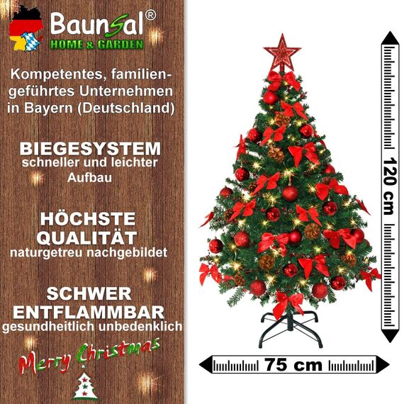 Weihnachtsbaum künstlich (WBD) 120 cm grün mit Weihnachtsdeko rot und Led Lichterkette mit Batteriebox und Fernbedienung künstlicher Christbaum klein Tannenbaum