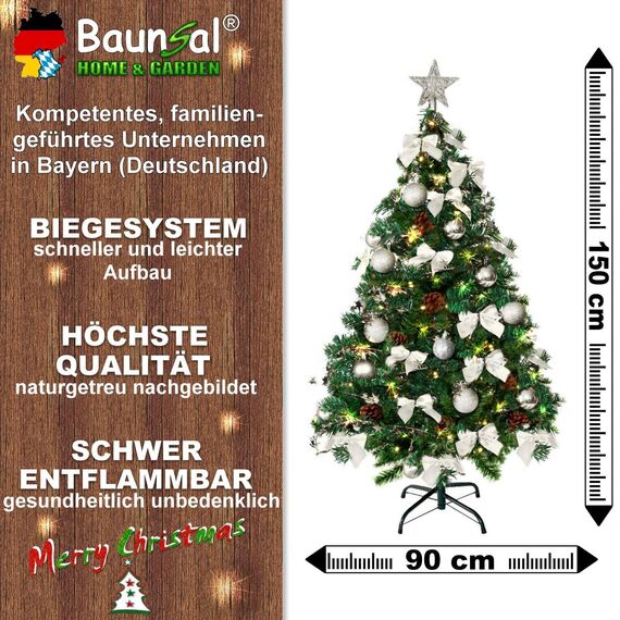 Weihnachtsbaum künstlich (WBD) 150 cm grün mit Weihnachtsdeko Silber und Led Lichterkette mit Batteriebox und Fernbedienung künstlicher Christbaum klein Tannenbaum