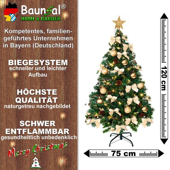 Weihnachtsbaum künstlich (WBD) 120 cm grün mit Weihnachtsdeko Gold und Led Lichterkette mit Batteriebox und Fernbedienung künstlicher Christbaum klein Tannenbaum