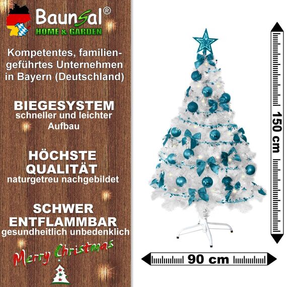 Weihnachtsbaum künstlich (WBD) 150 cm Weiss mit Weihnachtsdeko türkis und Led Lichterkette mit Batteriebox und Fernbedienung künstlicher Christbaum klein Tannenbaum