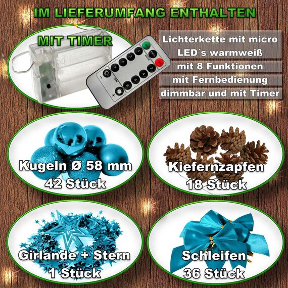 Weihnachtsbaum künstlich (WBD) 150 cm Weiss mit Weihnachtsdeko türkis und Led Lichterkette mit Batteriebox und Fernbedienung künstlicher Christbaum klein Tannenbaum