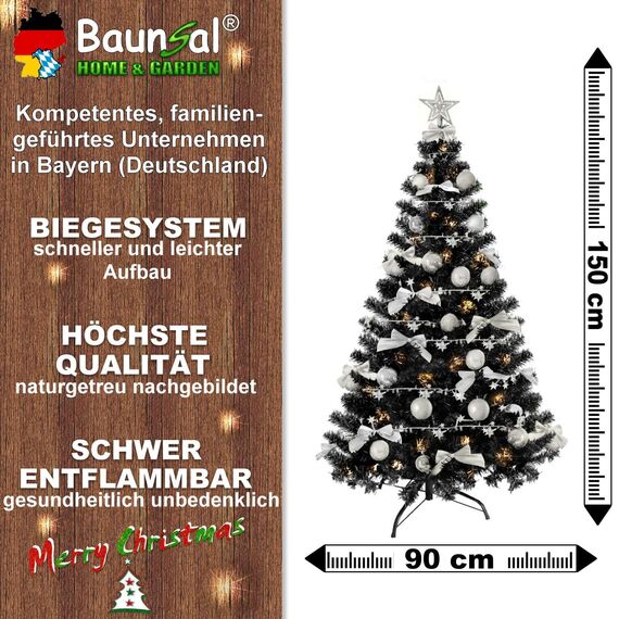 Weihnachtsbaum künstlich (WBD) 150 cm schwarz mit Weihnachtsdeko Silber und Led Lichterkette mit Batteriebox und Fernbedienung künstlicher Christbaum klein Tannenbaum
