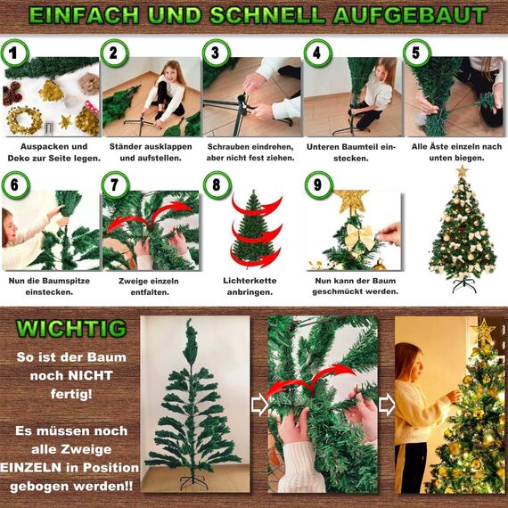 Weihnachtsbaum künstlich (WBD) 150 cm grün mit Weihnachtsdeko Gold und Led Lichterkette mit Batteriebox und Fernbedienung künstlicher Christbaum klein Tannenbaum