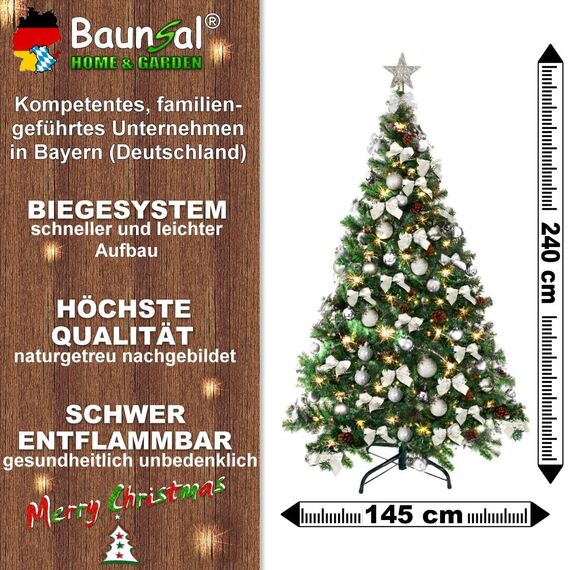Weihnachtsbaum künstlich (WBD) 240 cm grün mit Weihnachtsdeko Silber und Led Lichterkette mit Batteriebox und Fernbedienung künstlicher Christbaum klein Tannenbaum