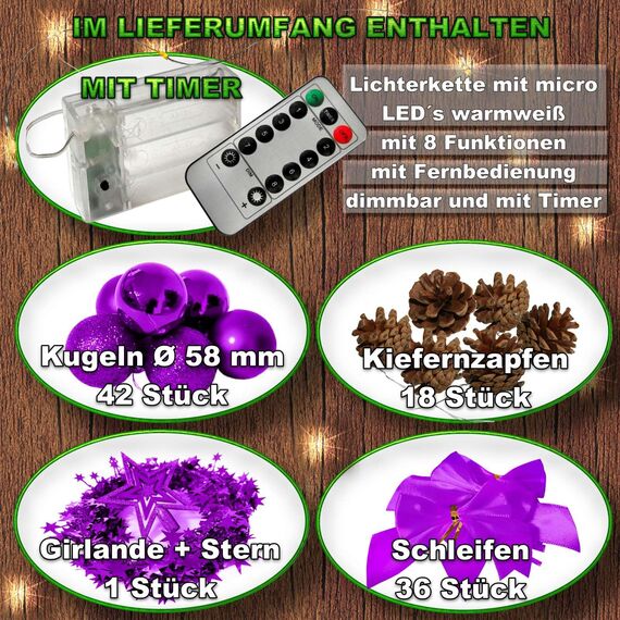 Weihnachtsbaum künstlich (WBD) 150 cm Weiss mit Weihnachtsdeko lila und Led Lichterkette mit Batteriebox und Fernbedienung künstlicher Christbaum klein Tannenbaum