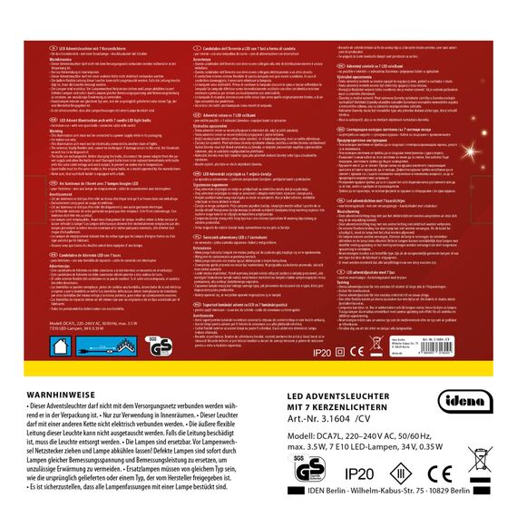Idena 31604 - LED Adventsleuchter mit 7 LED Kerzenlichtern in Warmweiß, Schwibbogen aus rot lackiertem Holz, mit Ersatzlampe und Schalter, Deko für Innen, als Winter-, Advents- und Weihnachtsdeko