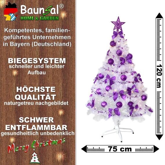 Weihnachtsbaum künstlich (WBD) 120 cm Weiss mit Weihnachtsdeko lila und Led Lichterkette mit Batteriebox und Fernbedienung künstlicher Christbaum klein Tannenbaum