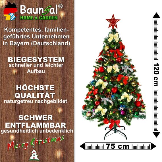 Weihnachtsbaum künstlich (WBD) 120 cm grün mit Weihnachtsdeko bunt und Led Lichterkette mit Batteriebox und Fernbedienung künstlicher Christbaum klein Tannenbaum