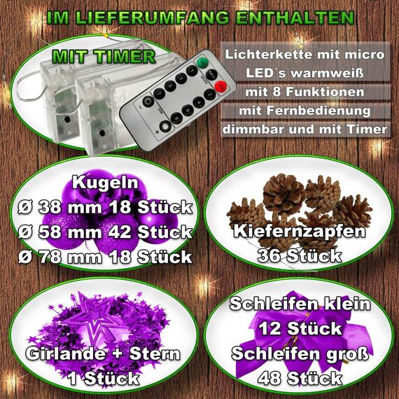 Weihnachtsbaum künstlich (WBD) 210 cm Weiss mit Weihnachtsdeko lila und Led Lichterkette mit Batteriebox und Fernbedienung künstlicher Christbaum klein Tannenbaum