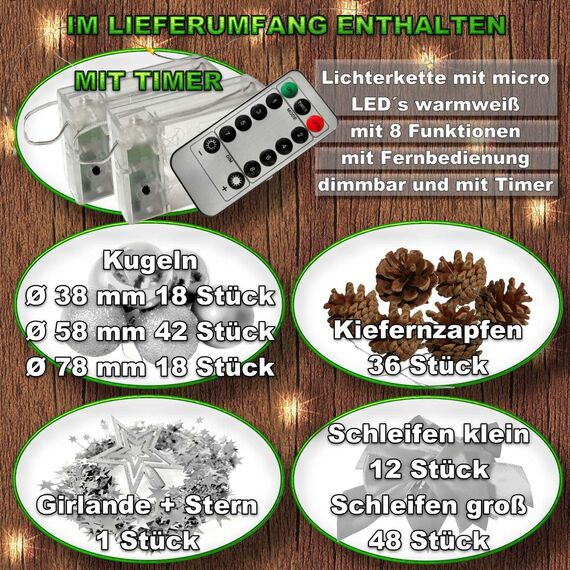 Weihnachtsbaum künstlich (WBD) 210 cm grün mit Weihnachtsdeko Silber und Led Lichterkette mit Batteriebox und Fernbedienung künstlicher Christbaum klein Tannenbaum