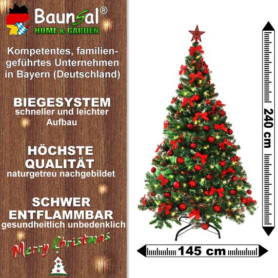 Weihnachtsbaum künstlich (WBD) 240 cm grün mit Weihnachtsdeko rot und Led Lichterkette mit Batteriebox und Fernbedienung künstlicher Christbaum klein Tannenbaum