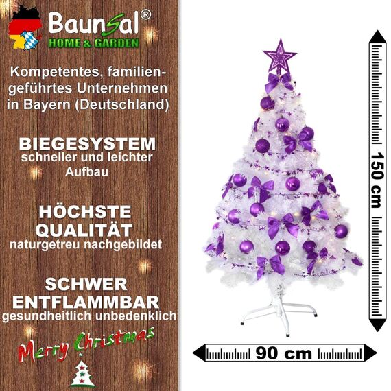 Weihnachtsbaum künstlich (WBD) 150 cm Weiss mit Weihnachtsdeko lila und Led Lichterkette mit Batteriebox und Fernbedienung künstlicher Christbaum klein Tannenbaum