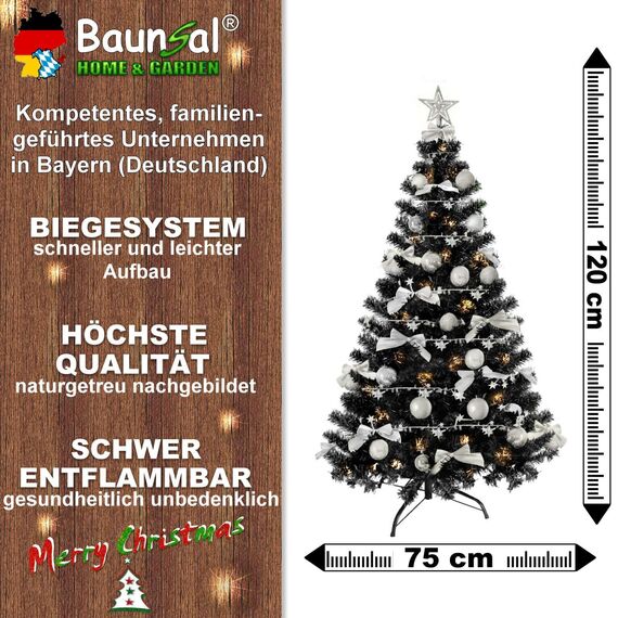 Weihnachtsbaum künstlich (WBD) 120 cm schwarz mit Weihnachtsdeko Silber und Led Lichterkette mit Batteriebox und Fernbedienung künstlicher Christbaum klein Tannenbaum