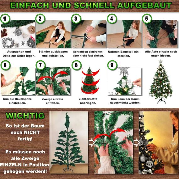 Weihnachtsbaum künstlich (WBD) 150 cm grün mit Weihnachtsdeko Silber und Led Lichterkette mit Batteriebox und Fernbedienung künstlicher Christbaum klein Tannenbaum