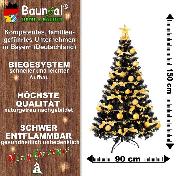 Weihnachtsbaum künstlich (WBD) 150 cm schwarz mit Weihnachtsdeko Gold und Led Lichterkette mit Batteriebox und Fernbedienung künstlicher Christbaum klein Tannenbaum