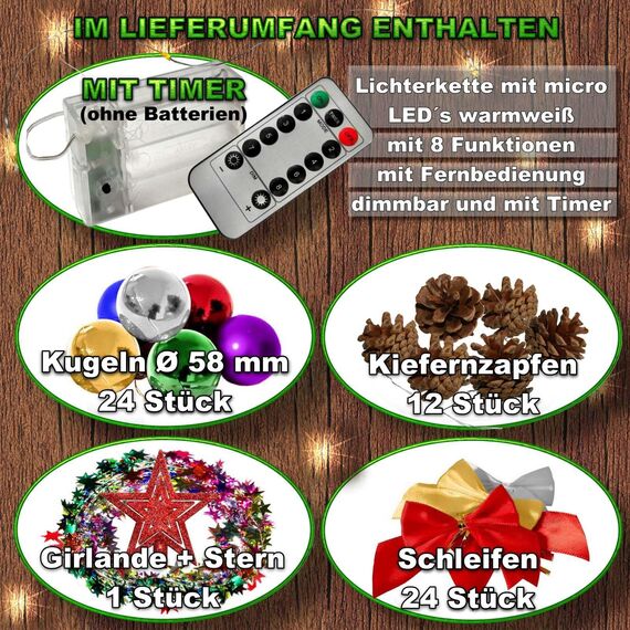Weihnachtsbaum künstlich (WBD) 120 cm grün mit Weihnachtsdeko bunt und Led Lichterkette mit Batteriebox und Fernbedienung künstlicher Christbaum klein Tannenbaum