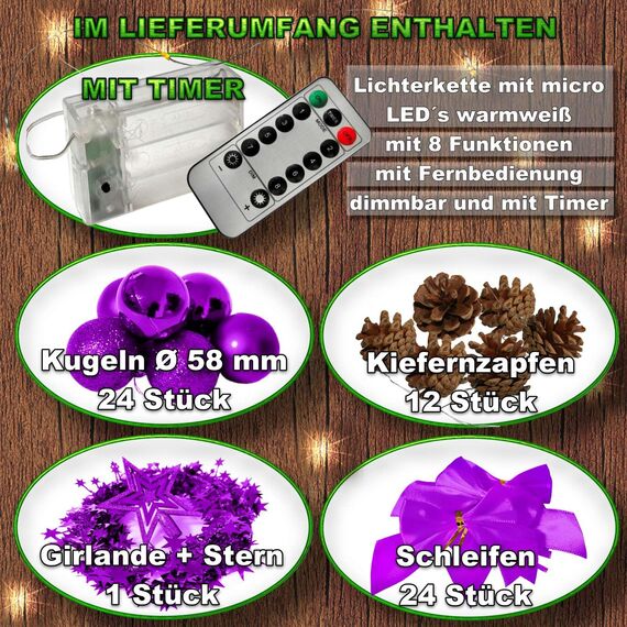 Weihnachtsbaum künstlich (WBD) 120 cm Weiss mit Weihnachtsdeko lila und Led Lichterkette mit Batteriebox und Fernbedienung künstlicher Christbaum klein Tannenbaum