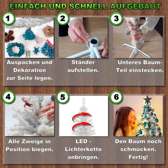 Weihnachtsbaum künstlich (WBD) 150 cm Weiss mit Weihnachtsdeko türkis und Led Lichterkette mit Batteriebox und Fernbedienung künstlicher Christbaum klein Tannenbaum