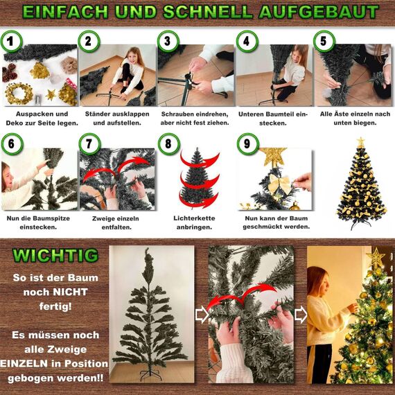 Weihnachtsbaum künstlich (WBD) 150 cm schwarz mit Weihnachtsdeko Gold und Led Lichterkette mit Batteriebox und Fernbedienung künstlicher Christbaum klein Tannenbaum