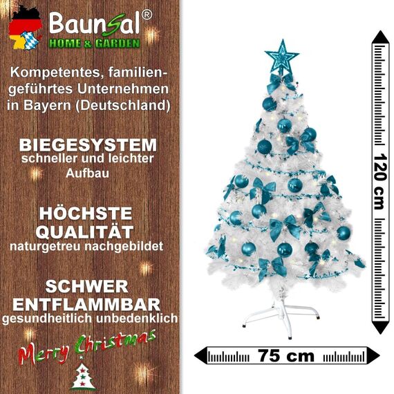 Weihnachtsbaum künstlich (WBD) 120 cm Weiss mit Weihnachtsdeko türkis und Led Lichterkette mit Batteriebox und Fernbedienung künstlicher Christbaum klein Tannenbaum