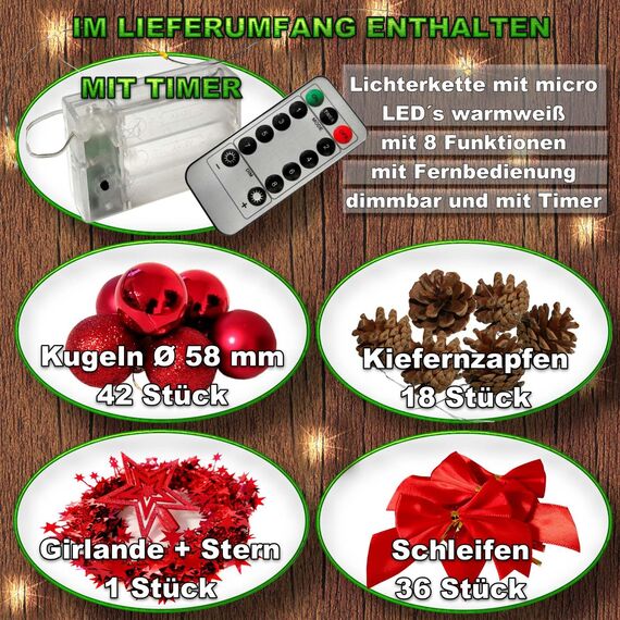 Weihnachtsbaum künstlich (WBD) 150 cm grün mit Weihnachtsdeko rot und Led Lichterkette mit Batteriebox und Fernbedienung künstlicher Christbaum klein Tannenbaum