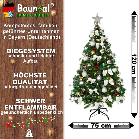 Weihnachtsbaum künstlich (WBD) 120 cm grün mit Weihnachtsdeko Silber und Led Lichterkette mit Batteriebox und Fernbedienung künstlicher Christbaum klein Tannenbaum