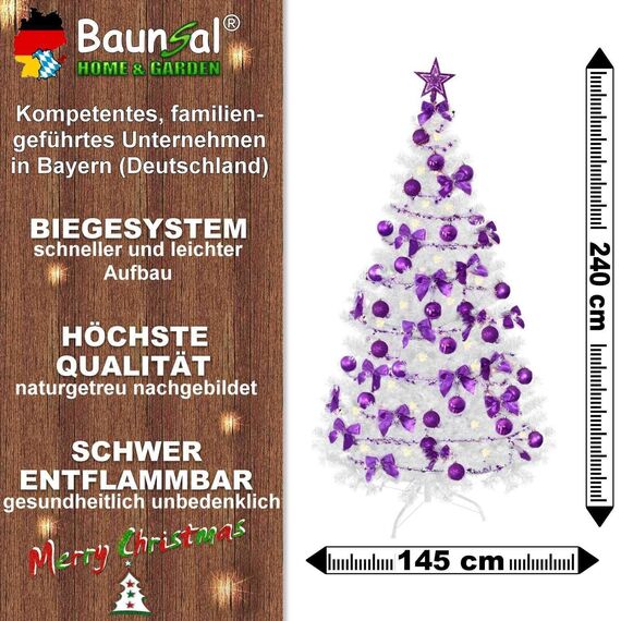 Weihnachtsbaum künstlich (WBD) 240 cm Weiss mit Weihnachtsdeko lila und Led Lichterkette mit Batteriebox und Fernbedienung künstlicher Christbaum klein Tannenbaum