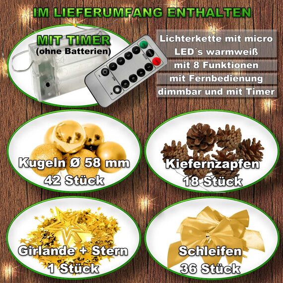 Weihnachtsbaum künstlich (WBD) 150 cm schwarz mit Weihnachtsdeko Gold und Led Lichterkette mit Batteriebox und Fernbedienung künstlicher Christbaum klein Tannenbaum