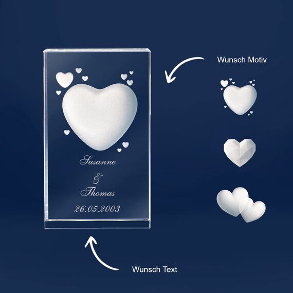 LOOXIS Personalisierte 3D Herz-Gravur im Glas – versch. Motive, Namen, Wunsch-Text – Geschenk-Idee zu Weihnachten, Valentinstag, Jahrestag – für Partner/in, Frauen, Männer – S