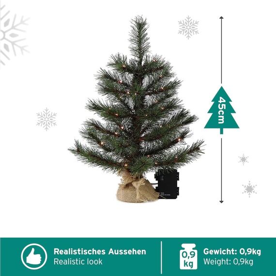 Gartenpirat Künstlicher Weihnachtsbaum 45 cm mit Drahtlichterkette 35 LED warmweiß Christbaum kiefernähnlich mit Frosteffekt beleuchtet batteriebetrieben