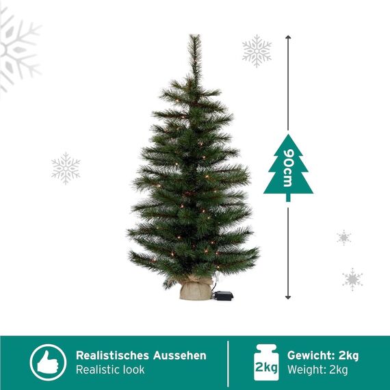 Gartenpirat Künstlicher Weihnachtsbaum 90 cm mit Drahtlichterkette 80 LED warmweiß Christbaum kiefernähnlich mit Frosteffekt beleuchtet batteriebetrieben