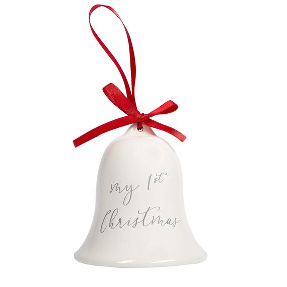 Pearhead Keramikglocke mit Aufschrift "My First Christmas", Baby's First Christmas Tree Decor, Baby Holiday Andenken, Weiß mit rotem Band