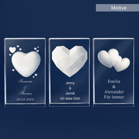 LOOXIS Personalisierte 3D Herz-Gravur im Glas – versch. Motive, Namen, Wunsch-Text – Geschenk-Idee zu Weihnachten, Valentinstag, Jahrestag – für Partner/in, Frauen, Männer – S inkl. LED Leuchtsockel