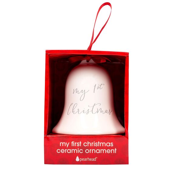 Pearhead Keramikglocke mit Aufschrift "My First Christmas", Baby's First Christmas Tree Decor, Baby Holiday Andenken, Weiß mit rotem Band