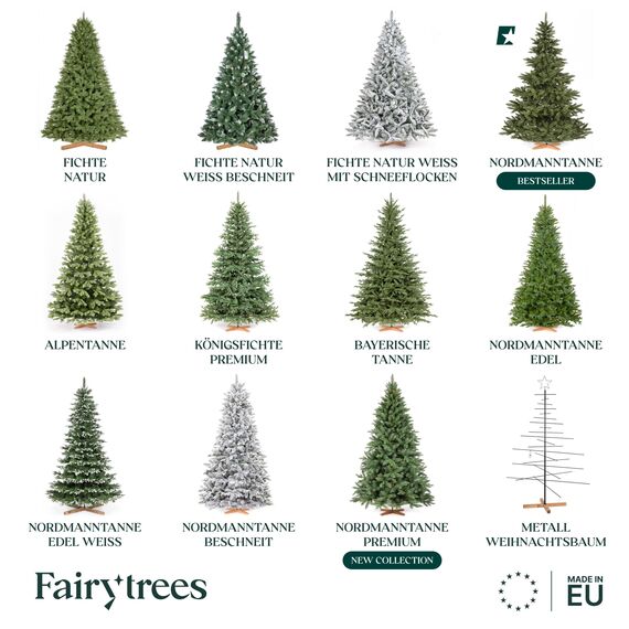 FAIRYTREES Weihnachtsbaum künstlich, Nordmanntanne Premium 120 cm, Naturgetreue Spritzguss Elemente, Künstlicher Weihnachtsbaum mit handgefertigtem Ständer aus Eschenholz